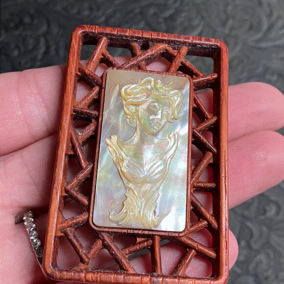 Medusa Bust Mother of Pearl and Wood Pendant Cabochon Mini Art - Picture 4 of 7